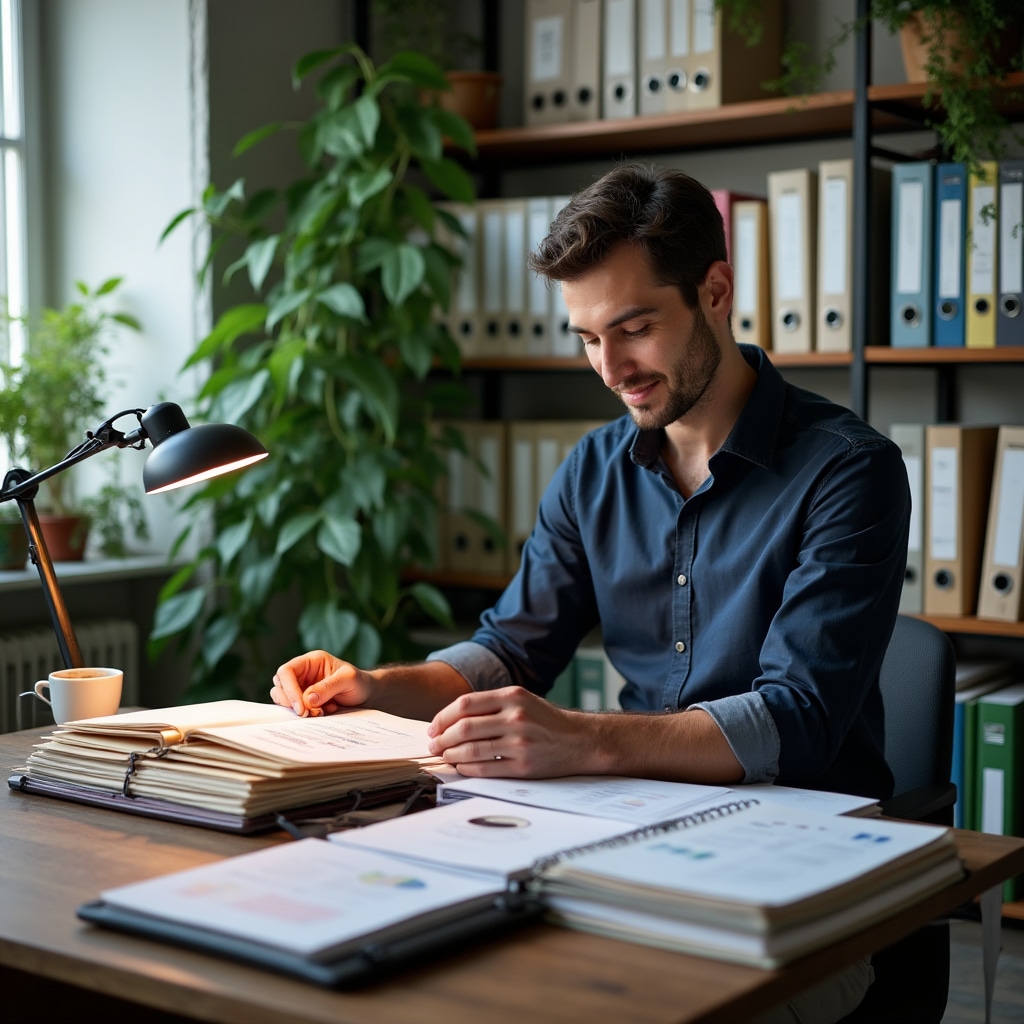 Contabil analizând dosare de documente perfect organizate și indexate